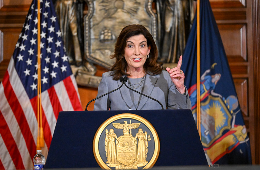 FILE - New York Gov. Kathy Hochul speaks to reporters about legislation passed during a special legislative session in the Red Room at the state Capitol, July 1, 2022, in Albany, N.Y. As President Joe Biden runs up against the limits of what he can do on abortion, gun control and other issues without larger Democratic majorities in Congress, some in his party want more fire and boldness than the president's acknowledgement of their frustration and calls imploring people to vote in November.(AP Photo/Hans Pennink, File)