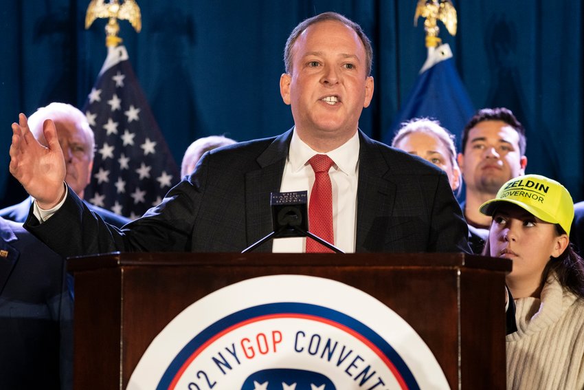 U.S. Rep. Lee Zeldin speaks to delegates and assembled party officials at the 2022 NYGOP Convention on March 1, 2022, in Garden City, N.Y. U.S. Rep. Lee Zeldin, the Republican candidate for New York governor, was attacked on Thursday, July 21, 2022 by man with knife at an upstate event but was uninjured, his campaign says.