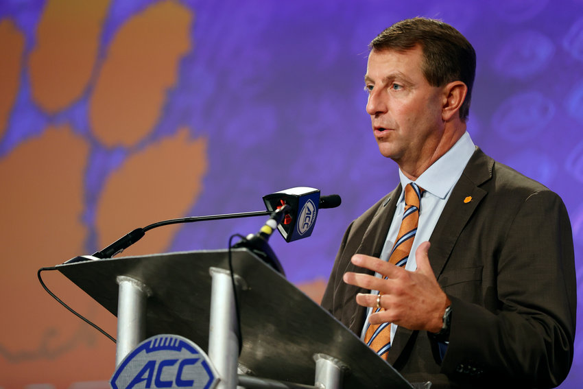 Clemson head coach Dabo Swinney answers a question at the Atlantic Coast Conference Media Days on July 20 in Charlotte, N.C.