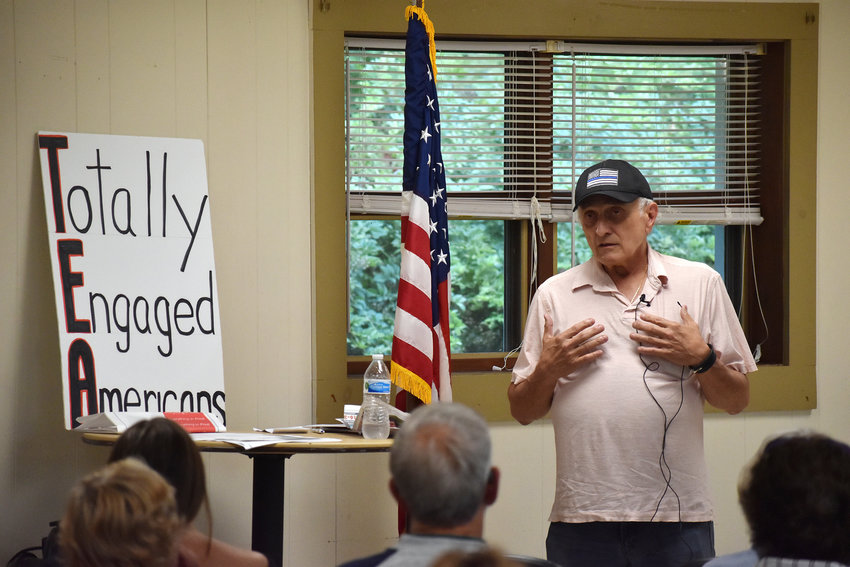 Carl Paladino is pictured at a recent meeting of the Jamestown-area Tea Party group. He spoke ahead of the Aug. 23 Republican primary for New York&rsquo;s new 23rd Congressional District.