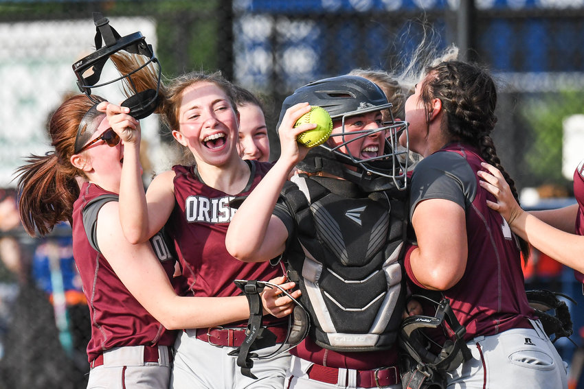 Oriskany softball players celebrate winning the Section III Class D final in May. Oriskany is among the schools in Section III to earn School of Distinction honors.