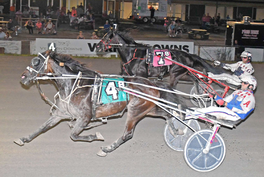 Spoiler Alert and driver Frank Affrunti were upset winners in the featured $7,900 Open Trot at Vernon Downs on Saturday. With a late, charge they won in a seasonal best of 1:55.1.&nbsp;It was Spoiler Alert's fourth win this season.&nbsp;He now has 25 career victories.