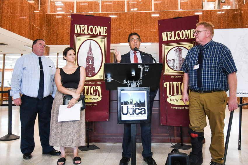 Mayor Robert Palmieri speaks in Utica City Hall on Monday during an announcement for additional parking being added to the Bagg&rsquo;s Square development under the North Genesee Street bridge.