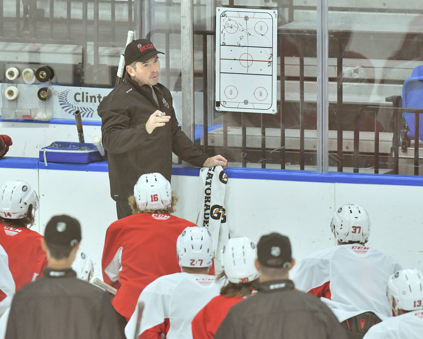 In a preseason practice leading up to the 2021-22 season, Sergei Brylin talks to Utica Comets players at the Utica Aud. Brylin was the team&rsquo;s associate coach last season in the club&rsquo;s first season as the AHL affiliate of the New Jersey Devils. The Devils announced Thursday, Aug. 18, 2022 that Brylin has been tapped as an assistant coach for the NHL team.