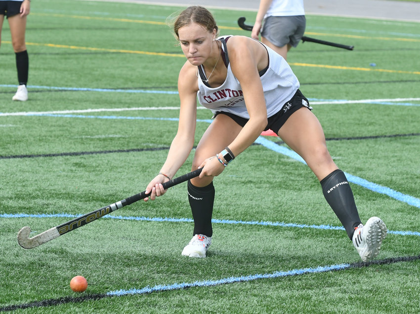 SHOT ON GOAL &mdash; Clinton field hockey sophomore striker Lauren Rey takes aim at the goal during a Thursday morning practice on the Hamilton College turf in Clinton.