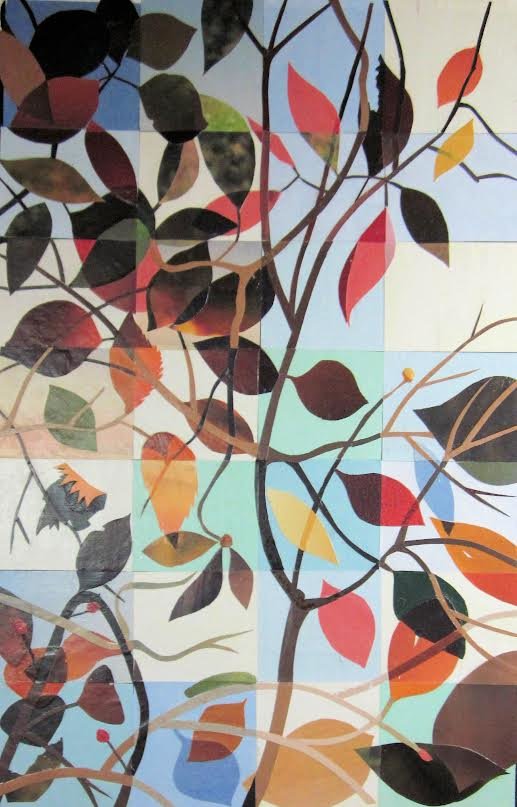 This artwork is a recycled paper montage entitled &ldquo;Autumn,&rdquo; one of the pieces created by Pat Besl for her exhibit entitled &ldquo;Now and Then, Then and Now,&rdquo;