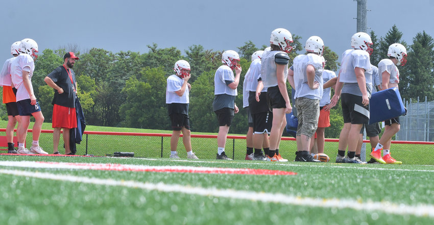 Vernon-Verona-Sherrill linemen line up during practice at Sheveron Field during a preseason practice. The offensive line returns two starters &mdash; tackles Lorenzo Garcia and Vincent Laribee &mdash; who will contribute experience to a Red Devils' team that graduated many of its top performers from last fall.