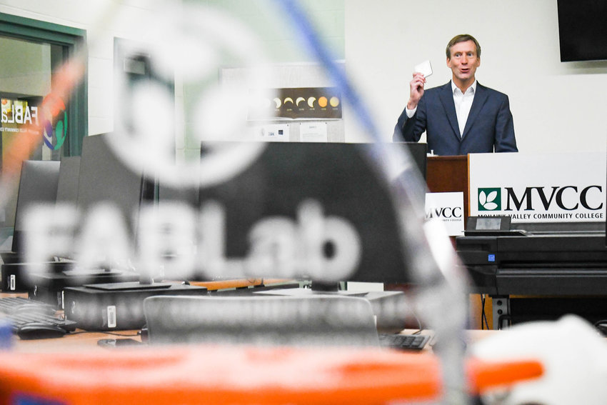 Indium Corporation President and Chief Operating Officer Ross Berntson speaks Thursday during the celebration of its partnership with Mohawk Valley Community College. The partnership led to the development of new 3D printing technologies by utilizing the fabrication lab at MVCC's Utica campus.
