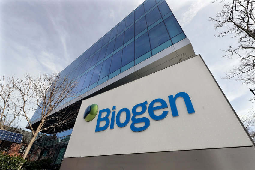 The Biogen Inc., headquarters is shown March 11, 2020, in Cambridge, Mass. Shares of Biogen and other drugmakers researching Alzheimer&rsquo;s disease soared early Wednesday, Sept. 28, after Japan&rsquo;s Eisai Co. said its potential treatment appeared to slow the fatal disease&rsquo;s progress in a late-stage study.