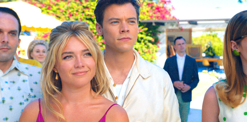 Florence Pugh, left, and Harry Styles in a scene from &ldquo;Don&rsquo;t Worry Darling.&rdquo;
