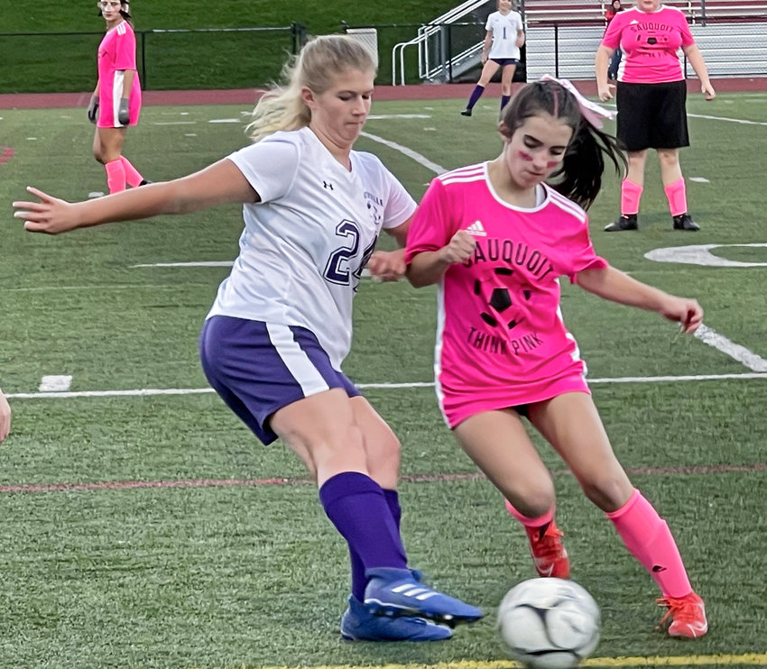 Waterville&rsquo;s Allyson Ford, left, and Sauquoit Valley&rsquo;s Celena Sperbeck fight for the ball during Sauquoit&rsquo;s Think Pink game on Thursday night. Sauquoit Valley won 5-0 with goals by Kamryn Yerman, Addison Lazarek, Olivia Kalil, Kaitlyn Corr and Emma Yerman.