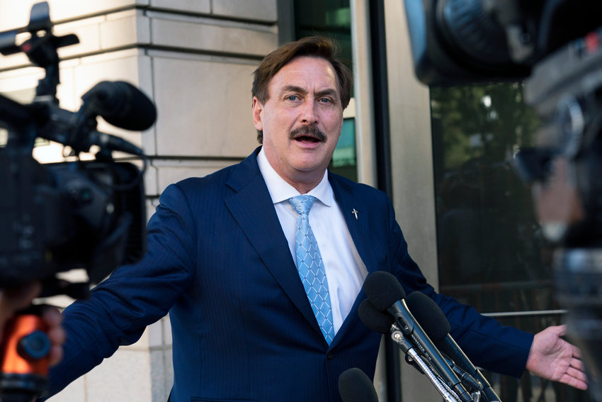 MyPillow chief executive Mike Lindell, speaks to reporters outside federal court in Washington, June 24, 2021. The Supreme Court says it won&rsquo;t intervene in a lawsuit in which Dominion Voting Systems accused MyPillow chief executive Mike Lindell of defamation for falsely accusing the company of rigging the 2020 presidential election against former President Donald Trump.