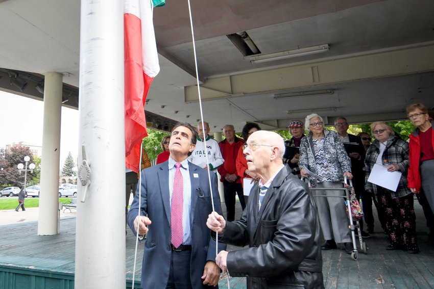 An Italian flag raising ceremony was conducted in honor of Italian Heritage Month on Monday, Oct. 3 outside of Utica City Hall.(Sentinel photo by Alex Cooper)