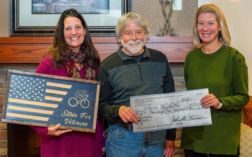 Last week, the Harland J. Hennessey VFW Post 5538, Boonville, presented a check to the Sitrin Military Program for $8,200, the amount raised in this year&rsquo;s Stars and Stripes Bike-A-Thon held in Boonville on Sunday, Sept. 18. Pictured from left: Jackie Warmuth, director of the Sitrin Military Program; Paul Fortin, bike-a-thon chairperson; and Christa Serafin, director of the Sitrin Foundation.