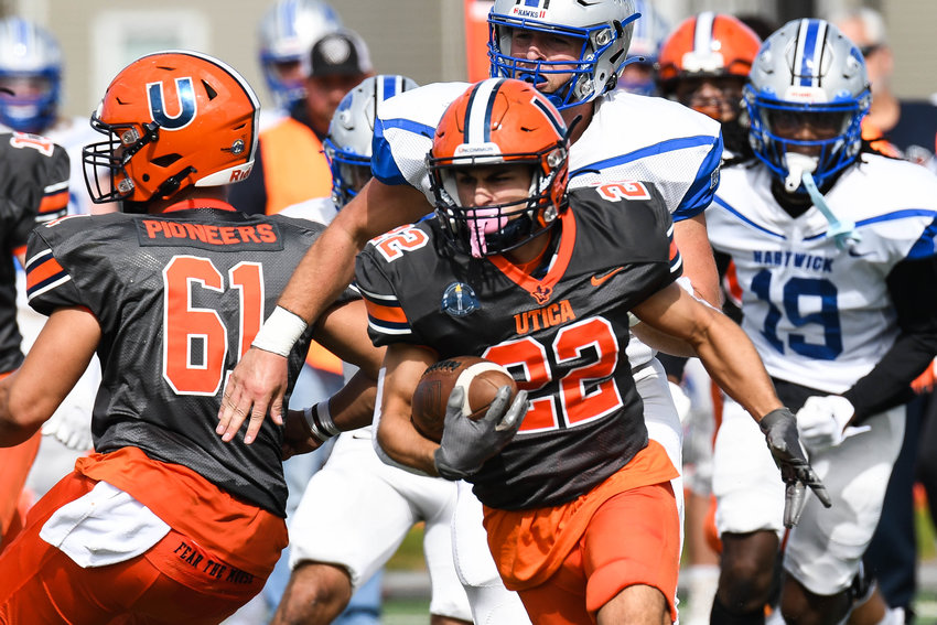 Utica University's Nate Palmer (22) is the top receiver for the team this season.