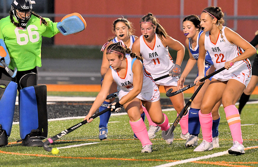 Cara Mecca prepares for a shot against Whitesboro goalie Isabella Irizarry with Rome Free Academy players Hannah Lowder (11) and Drew Kopek (22) and Whitesboro&rsquo;s Gabrielle St. Pierre, left, and Danielle Mazza looking on in the first half Wednesday night at RFA Stadium. The host Black Knights won 8-0. Kopek had a goal and an assist while Mecca and Lowder had one goal each.