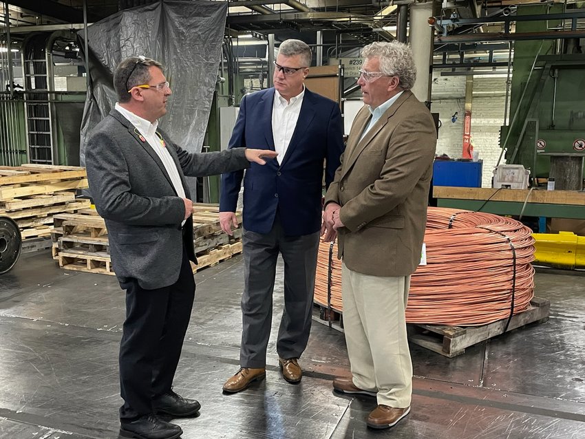 Assembly candidate John Zielinski, right, receives a tour of the  Owl Wire and Cable plant on South Madison Street in Rome. The Assembly candidate was greeted by Gregory J. Smith, CEO and president of International Wire, parent company of Owl, and David Bass, vice-president of Operations and Continuous Improvements, among other longtime company officers and employees.