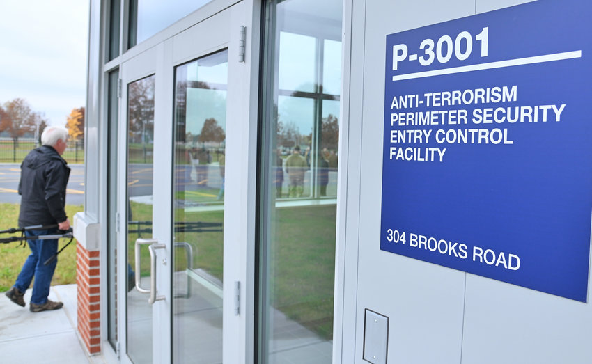 A sign identifies the new security checkpoint and perimeter at the Air Force Research Laboratory on Brooks Road shortly before a ribbon-cutting ceremony of the lab&rsquo;s newly completed $14.8 million MILCON perimeter security system.