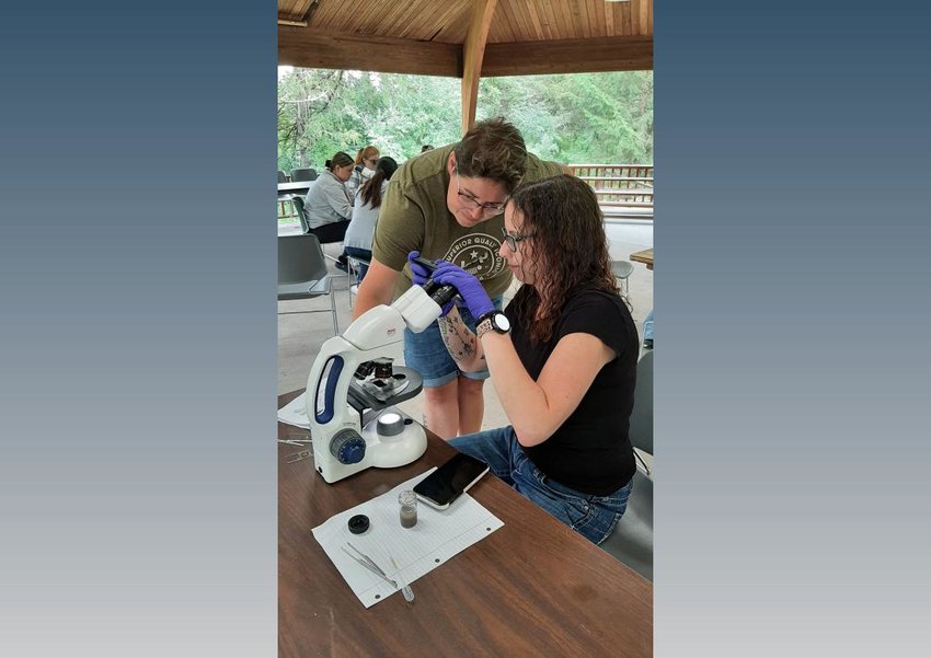 SUNY Morrisville nursing students Heather Blanchard and Kaylee Wilson use a microscope to identify protista during a microbiology lab at the college&rsquo;s Norwich campus.