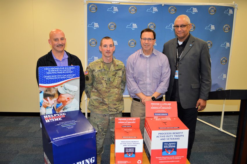 State Sen. Joseph A. Griffo, R-47, Rome, joined with AT&amp;amp;T and the Central New York Veterans Outreach Center to kickoff this year's Cell Phones For Soldier's collection drive.&nbsp;The collection drive started on Veterans Day and runs through Saturday, Dec. 11.&nbsp;From left: Scott Zoeckler, with the Central New York Veterans Outreach Center; Army National Guard SFC Josh Jones; Griffo; and Greeley Ford, AT&amp;amp;T senior network engineer.