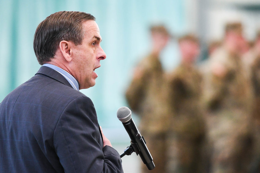 In this file photo, Assemblyman Robert Smullen speaks during a farewell ceremony for soldiers of the 2nd Battalion, 108th Infantry of the New York Army National Guard on June 15, 2022 at Mohawk Valley Community College in Utica.