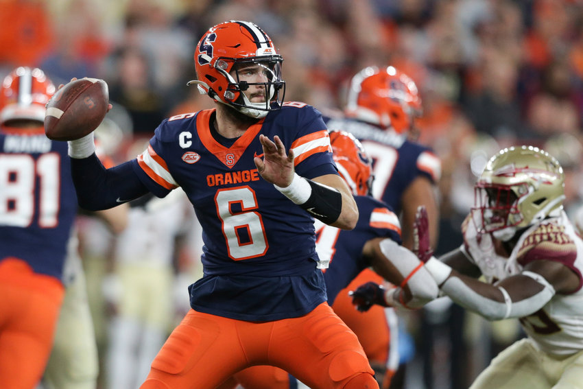 Syracuse quarterback Garrett Shrader throws a pass during the first half against Florida State last Saturday at JMA Wireless Dome in Syracuse.