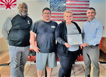 Arizona Tacos was named the Rome Area Chamber of Commerce Business of the Week. From left: Bruce Hairston, member of the chamber&rsquo;s Membership Committee; Raul and Ashley Parra, owners of Arizona Tacos; and Greg Mattacola, chamber first vice-chairman, presenting the congratulatory certificate.