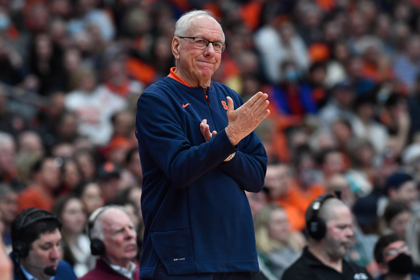 Syracuse head coach Jim Boeheim gestures during the second half against Miami on March 5 in Syracuse. Joe Girard had 21 points and five 3-pointers, Jesse Edwards added 19 points and seven rebounds and Syracuse beat Northeastern 76-48 on Saturday for Boeheim's 1,000th career victory.