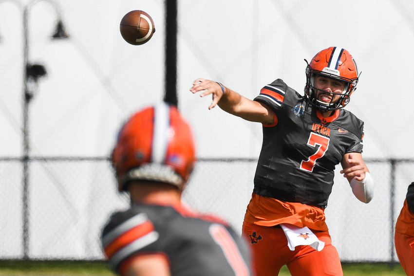 Utica University quarterback Braeden Zenelovic, shown during a game earlier this season, had two second-half touchdown passes in the team&rsquo;s NCAA Division III first-round tournament.