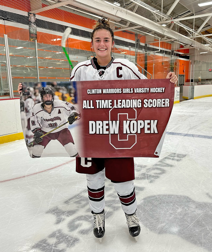 Senior forward Drew Kopek became the all-time leading scorer in Clinton girls ice hockey program history Friday when she passed Mia Lopata (71 points). She scored four times and had an assist in the team&rsquo;s 8-0 win at home over Alexandria Bay. Kopek attends Rome Free Academy and plays for the unified team.