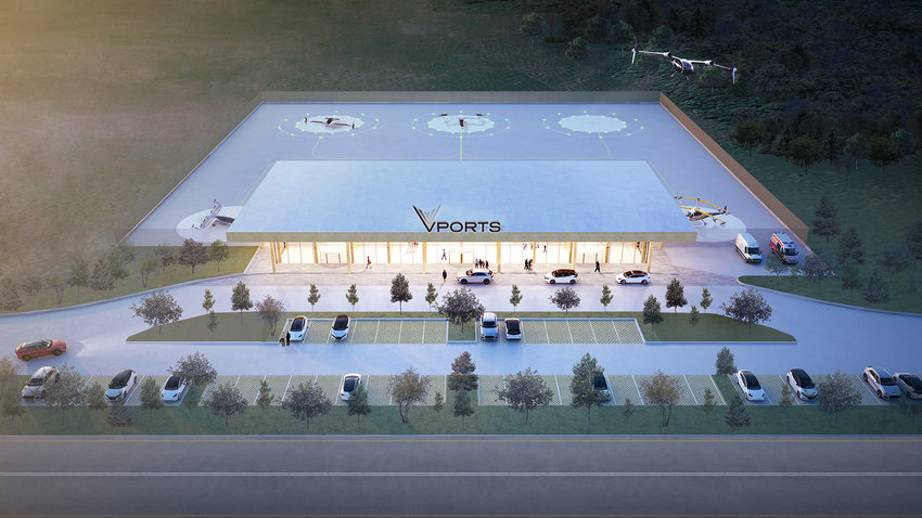 An artist&rsquo;s rendering shows the VPorts facility.  A plan would develop an international drone corridor between Syracuse and Montreal, Canada.  A current corridor connects Griffiss International Airport in Rome with the Syracuse facility.