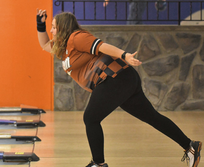 RFA's Hayley Taylor watches her spot on the lane during their match with Whitesboro Wednesday afternoon at Vista Lanes, December 7, 2022.