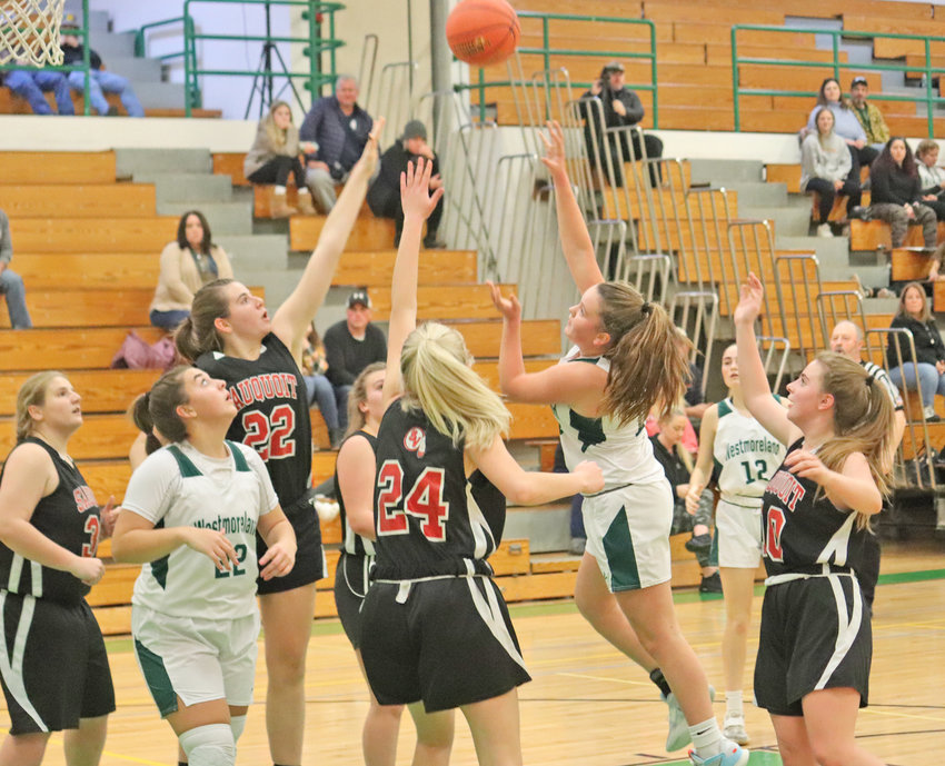 Westmoreland&rsquo;s Julianna Otis sends up a hook shot against Sauquoit Valley Friday at home. She poured in 11 points in the team&rsquo;s 55-29 win.