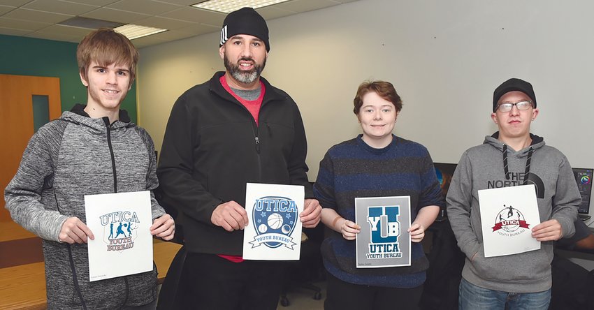 MVCC graphic design students&rsquo; logos were recently chosen for use by the City of Utica Youth Bureau. From left are MVCC student Adam Naresky; Utica Youth Bureau Assistant Director&nbsp;Chet LoConti,&nbsp;who is holding the logo designed by MVCC student Kendra Barajas; and MVCC students Taylor Smith and Chad Garnsen.