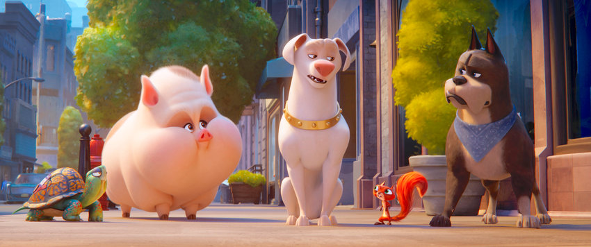 Characters, from left, Merton, a turtle voiced by Natasha Lyonne, PB, potbellied pig voiced by Vanessa Bayer, Krypto, voiced by Dwayne Johnson, Chip, a squirrel voiced by Diego Luna, and Ace, voiced by Kevin Hart, in a scene from &quot;DC League of Super Pets.&quot; Jervis Public Library will host a Family Movie Night on Jan. 5.