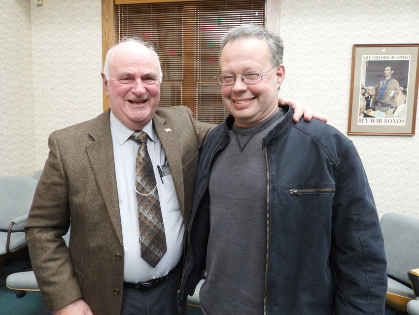 Supervisor John Urtz, left, welcomes Joseph Mastrangelo to the Lee Town Counbcil at Tuesday&rsquo;s meeting.
