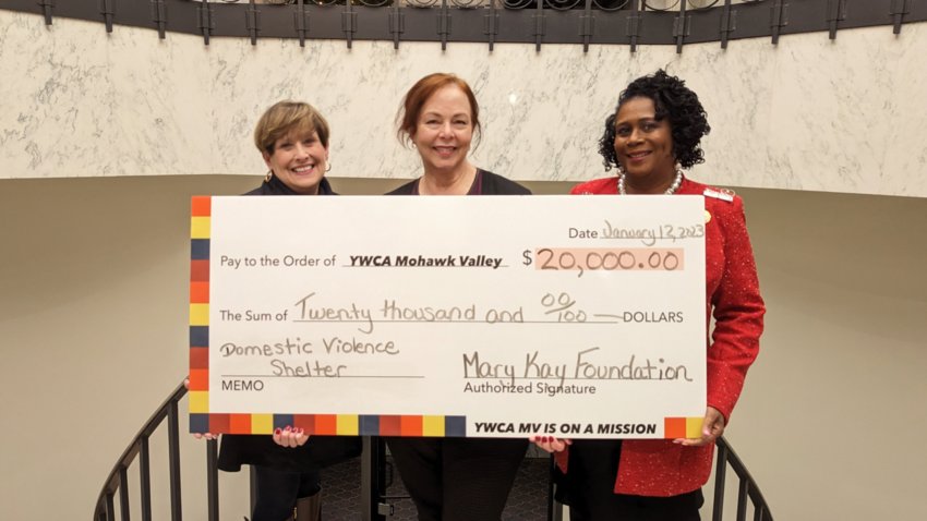 The YWCA Mohawk Valley was awarded a $20,000 grant from the Mary Kay Ash Foundation to benefit the agency&rsquo;s domestic violence shelters. From left: Mary Reina, independent beauty consultant and MKAF ambassador; Dianne Stancato, YWCA MV CEO; and Donna Marie Lambert, independent beauty consultant.