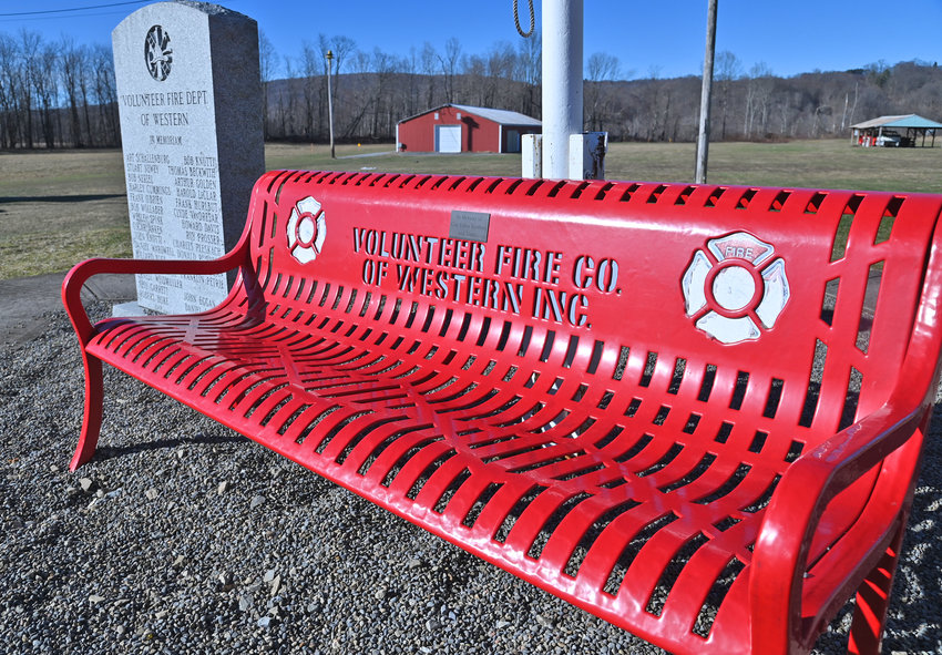 A bright red bench outside the Volunteer Fire Co. of Western&rsquo;s fire house greets visitors to the Route 46 faciltiy, just north of the hamlet of Westernville. Local fire company officials across the region say they would welcome state efforts to assist in the recruitment and retention of volunteers.