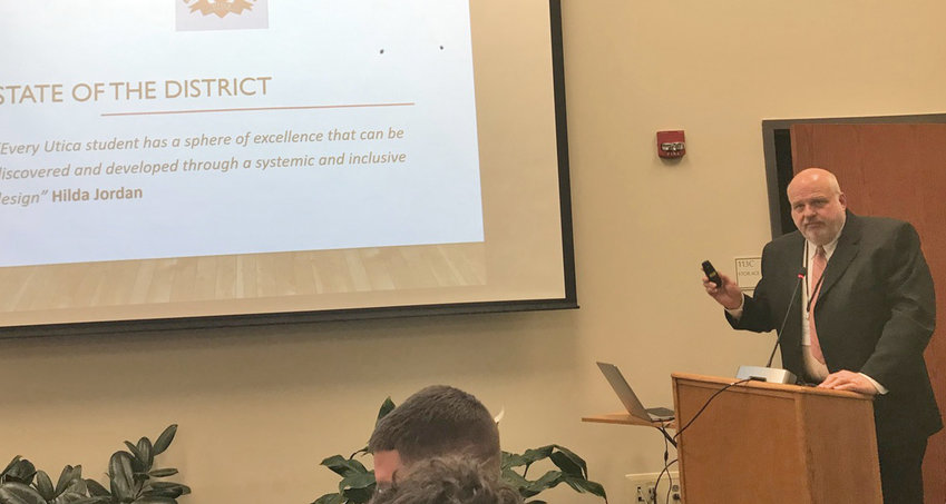 Utica City School District Acting Superintendent Brian Nolan told the district Board of Education and their audience his views of the State of the District Tuesday at the board's regular monthly meeting.