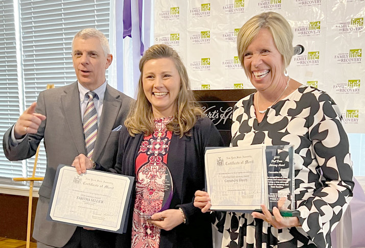 Past winners of the Center for Family Life and Recovery&rsquo;s 2022 Amethyst Award are shown in this file photo. The award is presented to a member of the community who has helped others by inspiring them with the message of hope and recovery in the fields of mental health and chemical dependency, as well as treatment and prevention. From left: Oneida County Executive Anthony J. Picente Jr. and 2022 award recipients Tabitha Sellick and Cassandra Sheets.