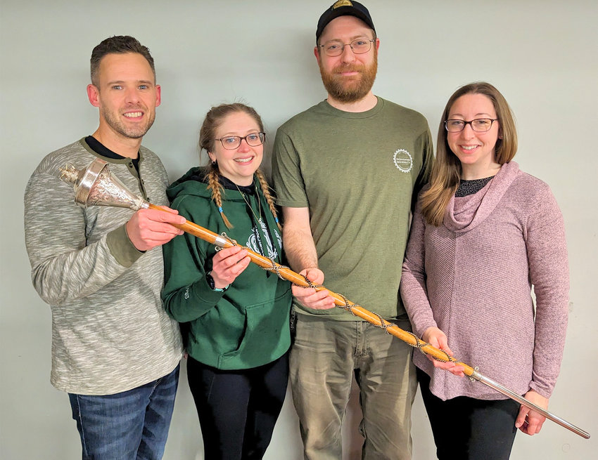 Utica Curling Club&rsquo;s 2023 Mixed Championship competitor Team Golubski holds the Skip&rsquo;s Mace Trophy for finishing first in the A Event. From left, Jason Golubski, Audrey Foote, Erich Krumme and Melissa Foote.