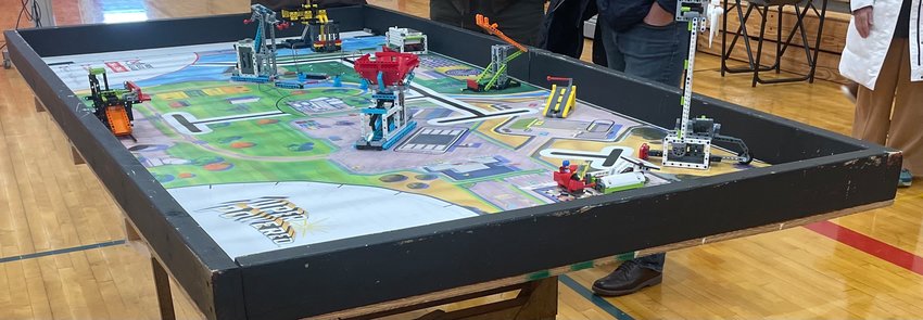 The FIRST LEGO League table at the Battle of the Bots Lego competition on Saturday, Feb. 4, at the Vernon-Verona-Sherrill Central School District (VVS).