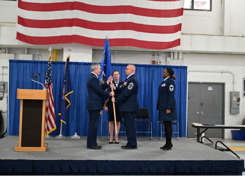 174th Attack Wing Command Chief Master Sgt. Michael Will relinquishes authority during a ceremony at Hancock Field Air National Guard Base Feb. 4. Will retired after service in the U.S. military for 39 years.
