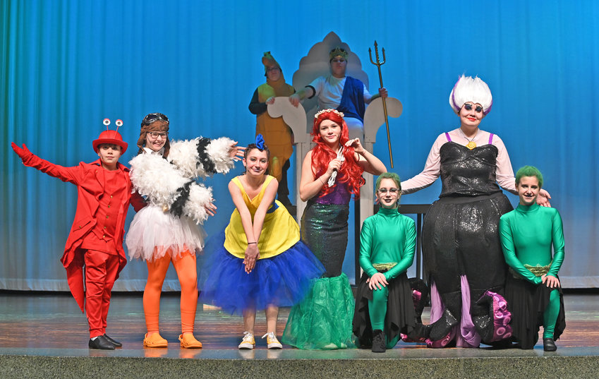&quot;Little Mermaid Jr.&quot; cast members, from left, Raymond Tucker as Sebastian, Alexis Rowe as Scuttle, Kasey Sorrell as Flounder, Charlize Price as Ariel, Lillian Conover as Jetsan, Kayedyn Secor as Ursula and Jocelyn Gannon as Flotsan pose Wednesday, Feb. 8 during dress rehearsal at Strough Middle School in Rome.