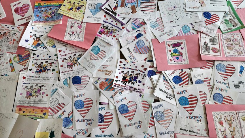 Some of the Valentine&rsquo;s Day cards that were decorated by area school children are displayed before being sent to veterans in this photo from Assemblywoman Marianne Buttenschon&rsquo;s office.