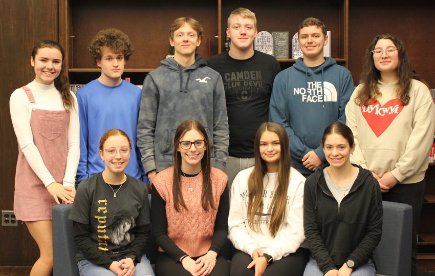 Members of the Top 10 academically in the Camden High School&rsquo;s Class of 2023 pause from their studies for a quick photo. They include, from left, front row: Morgan Keil, Erica Zike, Marina Mikhaylyuk, and Katie Hite; back row: Jacey Hinds, Connor Perrotta, Jerome Seidl, Connor MacArthur, Koen Turner, and Marjorie Castilla.