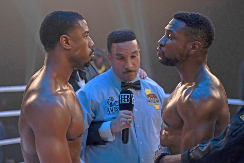 This image released by MGM shows Michael B. Jordan as Adonis Creed, left, and Jonathan Majors as Damian Anderson, right, in a scene from &quot;Creed III.&quot;