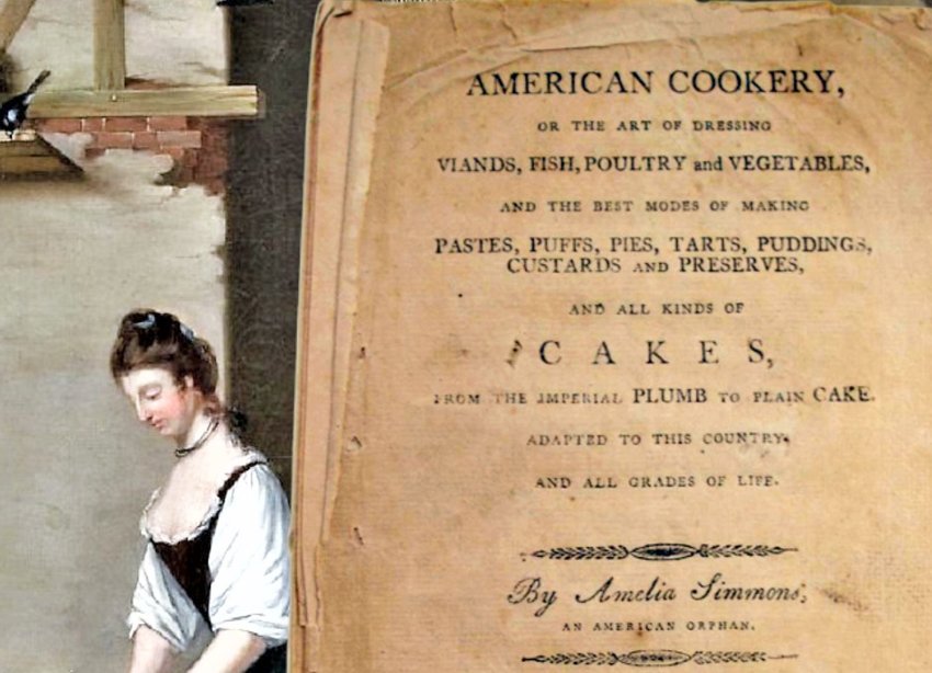 Women in apron and the first page of the cookbook American Cookery.