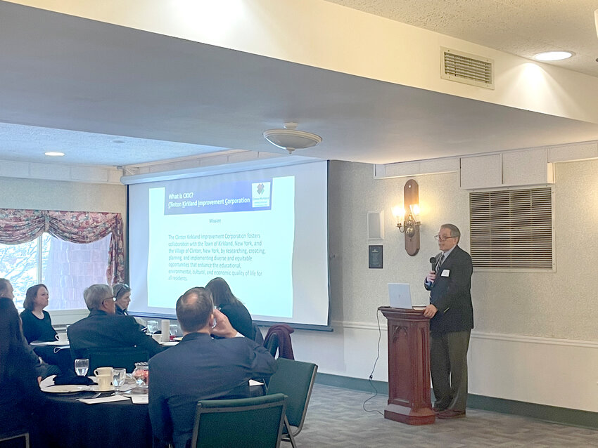 Mike Debraggio, president of the Clinton Kirkland Improvement Corporation, speaks at the Clinton Chamber of Commerce annual meeting on Wednesday, March 15, at the Lutheran Home.
