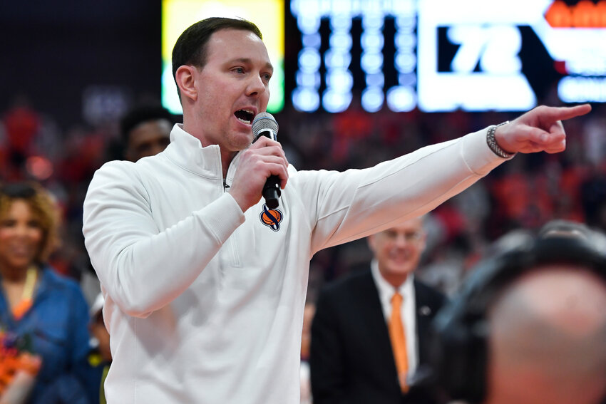 Gerry McNamara gives remarks at his jersey retirement ceremony March 4 in Syracuse. The school announced Wednesday that McNamara has been promoted to Syracuse associate head coach